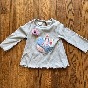 Mudpie Girl's Bird Applique & Flower Gray Long Sleeve Shirt - 24 months / 2T